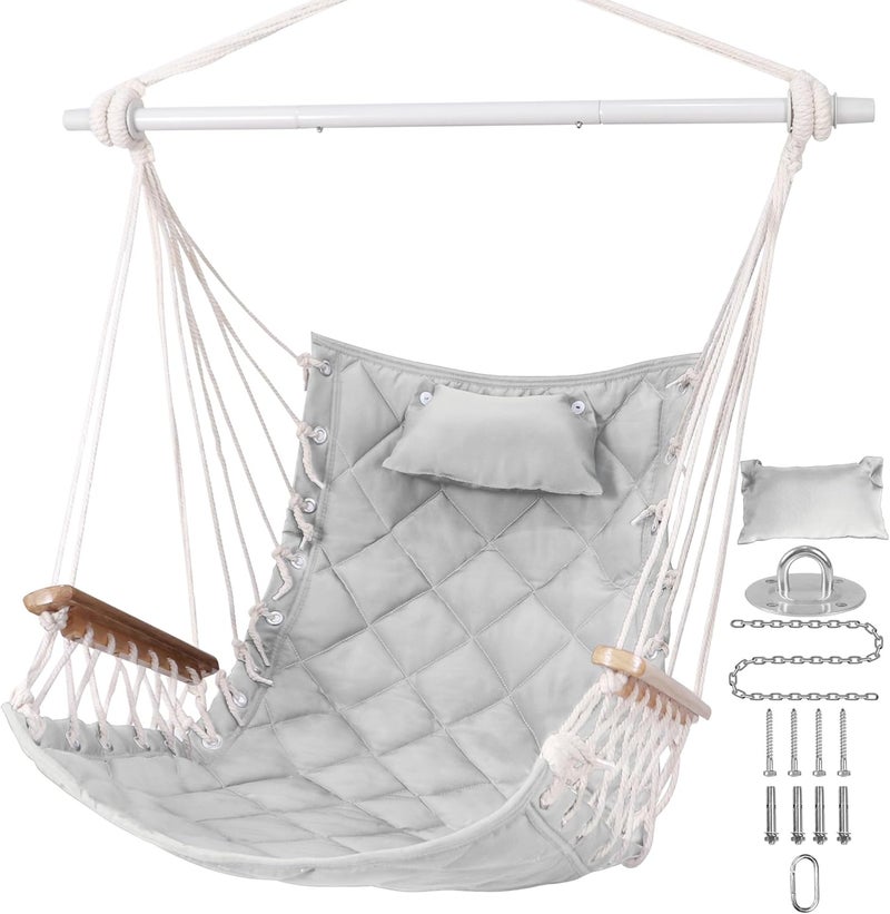 ROOITY Hammock Chair Hanging Swing with Wooden Armrests;Steel Spreader Bar,Pillows,Hardware kit Included;Cotton Woven Fabric;Up to 350 Lbs,for Indoor Light Grey - Image 1